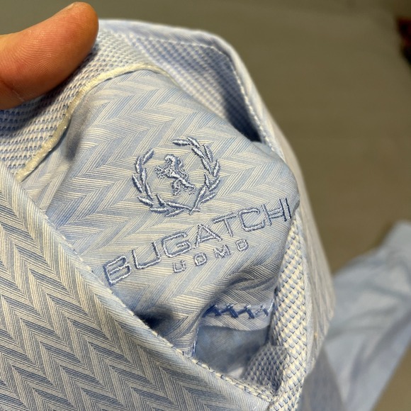 Bugatchi Uomo Men Dress Shirt 15.5/39 Blue Herringbone Roll Cuff Long Sleeve3434 - Picture 6 of 11